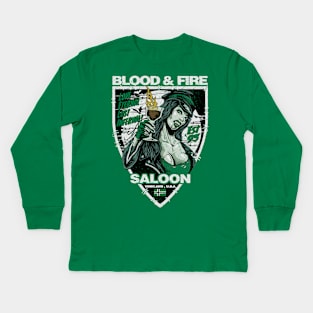 "BLOOD & FIRE SALOON" GREEN Kids Long Sleeve T-Shirt